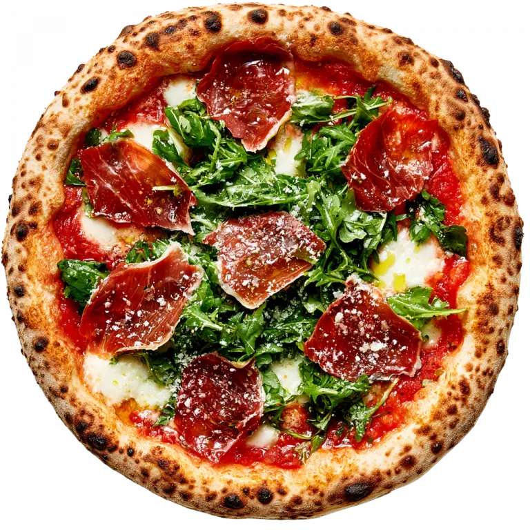 Pizza Parma mit Parmaschinken, Rucola und Parmesan